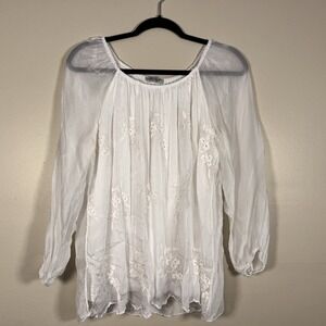 Elena Baldi 100% Silk Ivory Floral Embroidered Sheer Blouse Boho Fairy L - See
